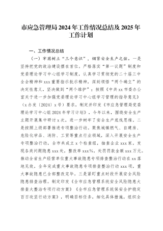 市应急管理局2024年工作情况总结及2025年工作计划