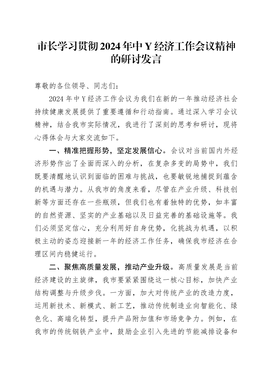 市长学习贯彻2024年中Y经济工作会议精神的研讨发言_第1页