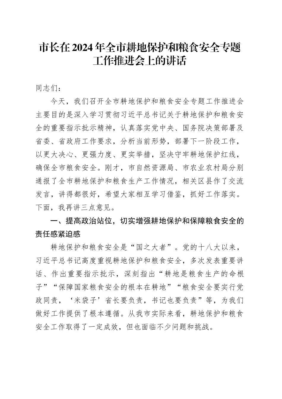 市长在2024年全市耕地保护和粮食安全专题工作推进会上的讲话_第1页