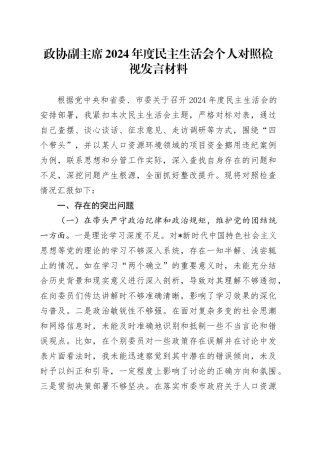 市政协副主席2024年度民主生活会个人对照检查