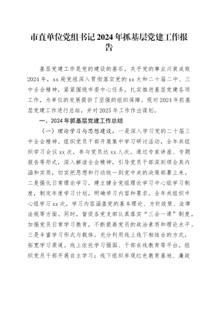市直单位党组书记2024年抓基层党建工作报告