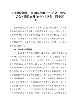 市直单位领导干部2024年民主生活会、组织生活会对照检查发言材料（聚焦“四个带头”）