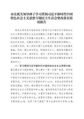 市直机关领导班子学习贯彻习近平新时代中国特色社会主义思想专题民主生活会整改落实情况报告