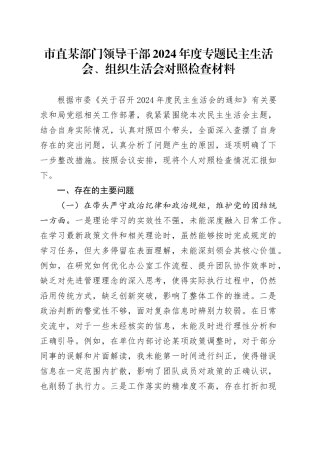 市直某部门领导干部2024年度专题民主生活会、组织生活会对照检查材料