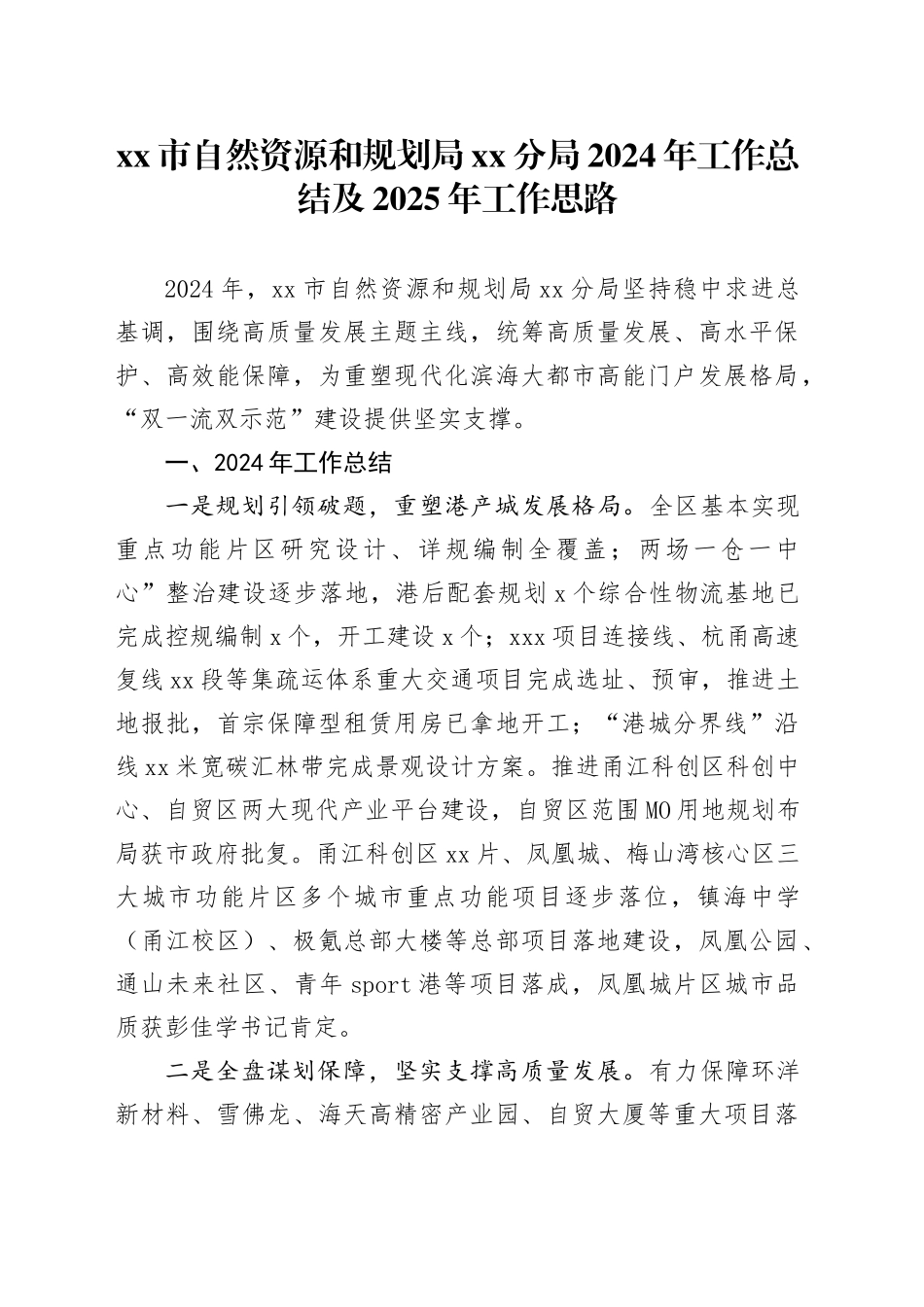 市自然资源和规划局分局2024年工作总结及2025年工作思路_第1页