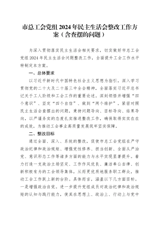 市总工会党组2024年民主生活会整改工作方案（含查摆的问题）