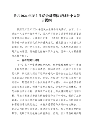 书记2024年民主生活会对照检查材料个人发言提纲