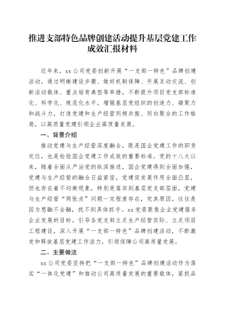 推进支部特色 品牌创建活动提升基层党建工作成效汇报材料