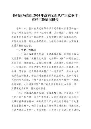 县财政局党组2024年落实全面从严治党主体责任工作情况报告