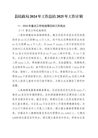 县民政局2024年工作总结2025年工作计划
