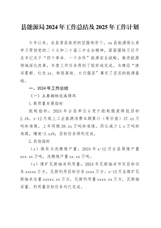 县能源局2024年工作总结及2025年工作计划