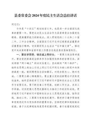 县委常委会2024年度民主生活会总结讲话20250205