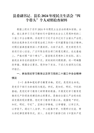 县委副书记、县长2024年度民主生活会“四个带头”个人对照检查材料含党纪学习教育和三中全会精神情况、上年度整改在严守政治纪律和政治规矩、增强党性、严守纪律、砥砺作风、遵规守纪、清正廉洁前提下勇于担责、敢于创新、履行全面从严治党政治责任方面发言20250108