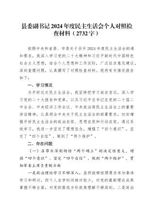 县委副书记2024年度民主生活会个人对照检查材料（2732字）