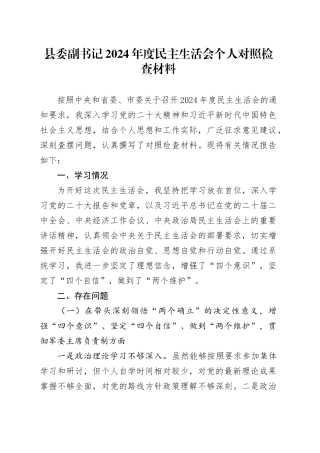 县委副书记2024年度民主生活会个人对照检查材料