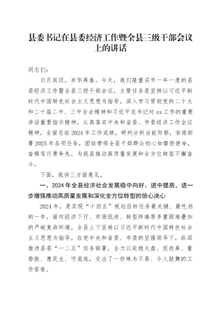 县委书记在县委经济工作暨全县三级干部会议上的讲话