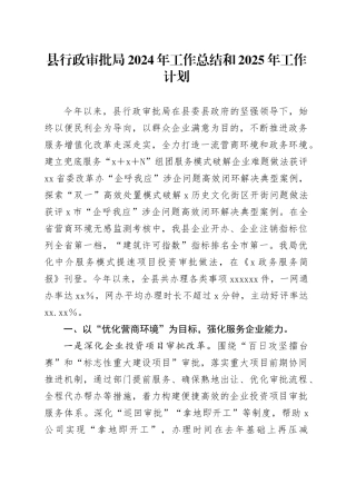 县行政审批局2024年工作总结和2025年工作计划