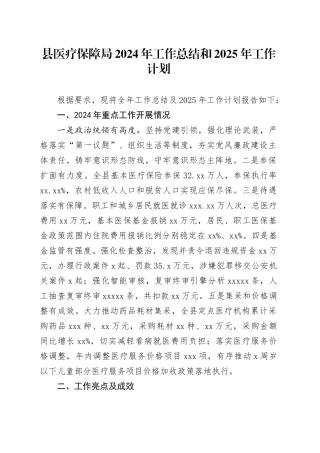 县医疗保障局2024年工作总结和2025年工作计划(1)