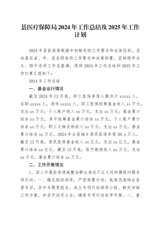 县医疗保障局2024年工作总结及2025年工作计划
