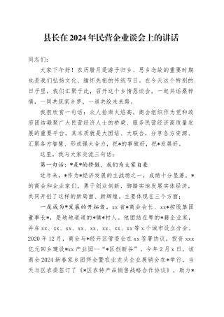 县长在2024年民营企业谈会上的讲话