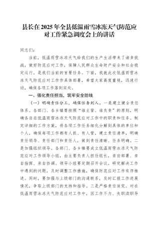 县长在2025年全县低温雨雪冰冻天气防范应对工作紧急调度会上的讲话