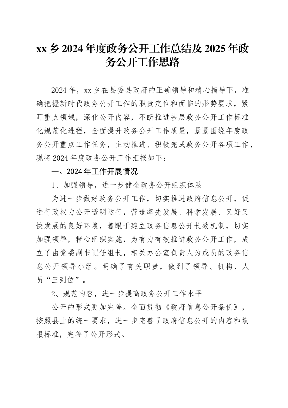 乡2024年度政务公开工作总结及2025年政务公开工作思路_第1页