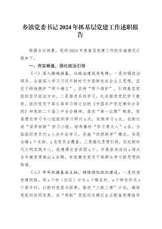 乡镇街道党委书记2024年抓基层党建工作述职报告20250115