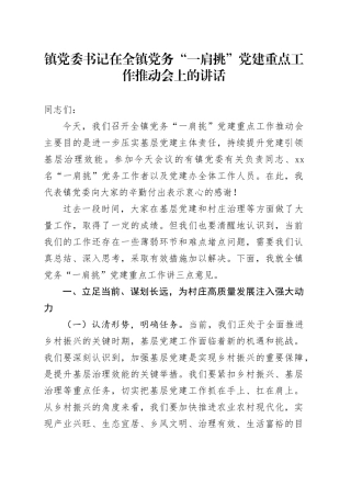 乡镇街道党务 “一肩挑” 党建重点工作推动会上的讲话