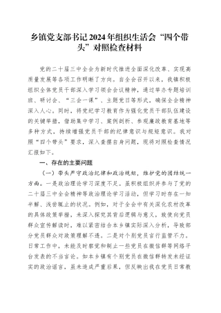 乡镇街道党支部书记2024年组织生活会“四个带头”对照检查材料