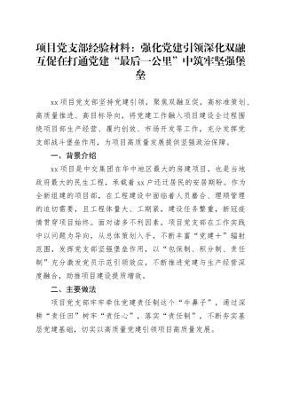 项目党支部经验材料：强化党建引领深化双融互促在打通党建“最后一公里”中筑牢坚强堡垒