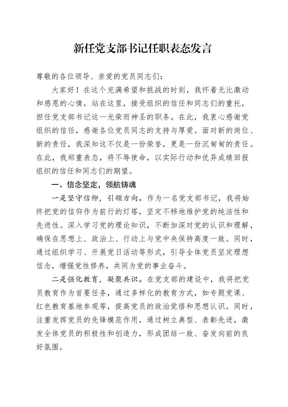 新任党支部书记任职表态发言_第1页