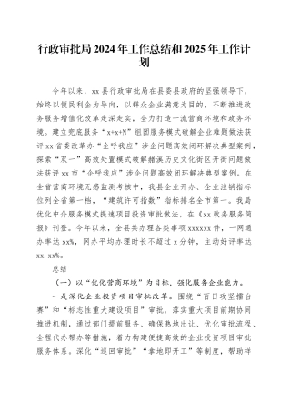 行政审批局2024年工作总结和2025年工作计划
