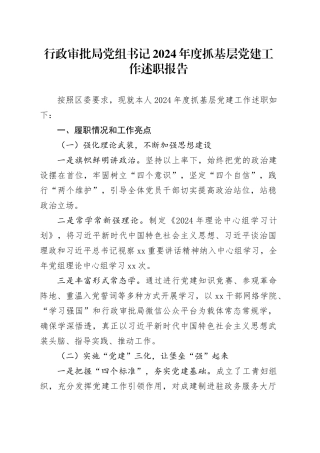 行政审批局党组书记2024年度抓基层党建工作述职报告