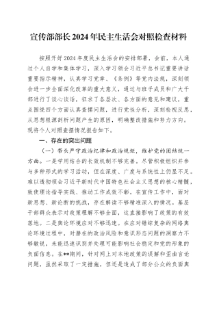 宣传部部长2024年民主生活会对照检查材料
