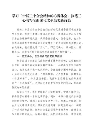 学习二十届三中全会精神的心得体会：执笔三心书写全面深化改革最美新诗篇
