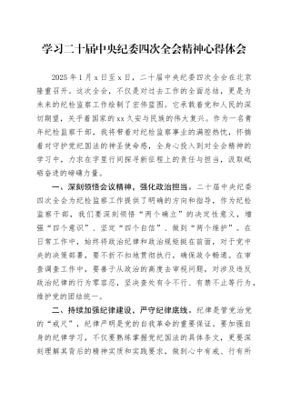 学习二十届中央纪委四次全会精神心得体会