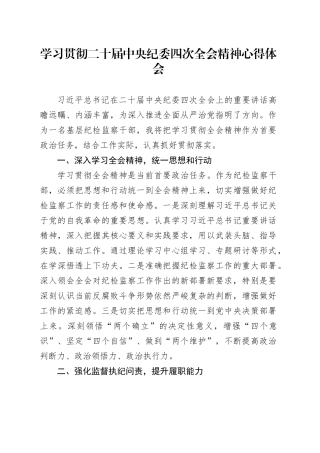 学习贯彻二十届中央纪委四次全会精神心得体会
