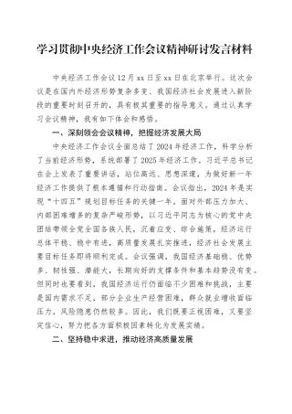 学习贯彻中央经济工作会议精神研讨发言材料心得体会20241225