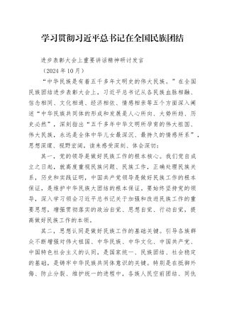 学习贯彻总书记在全国民族团结进步表彰大会上重要讲话精神研讨发言 （202410）