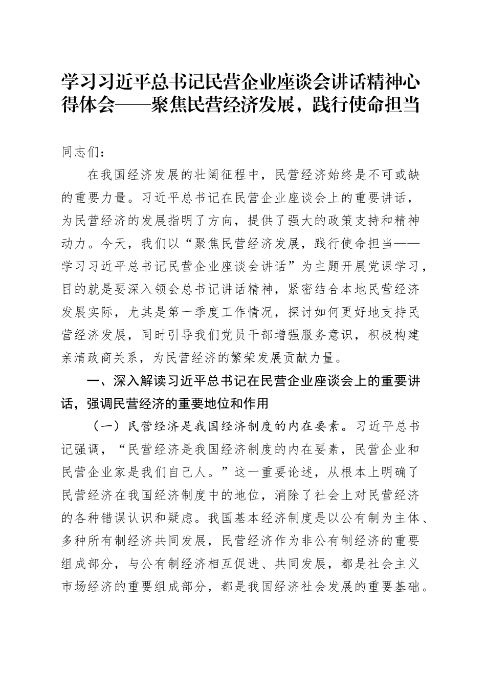 学习总书记民营企业座谈会讲话精神心得体会 ——聚焦民营经济发展，践行使命担当_第1页