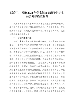 医疗卫生系统2024年党支部支部班子组织生活会对照检查材料