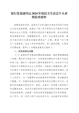 银行党委副书记2024年度民主生活会个人对照检查材料（含案例剖析，四个带头，纪律规矩团结统一、党性纪律作风、清正廉洁、从严治党，检视剖析，发言提纲）20250124
