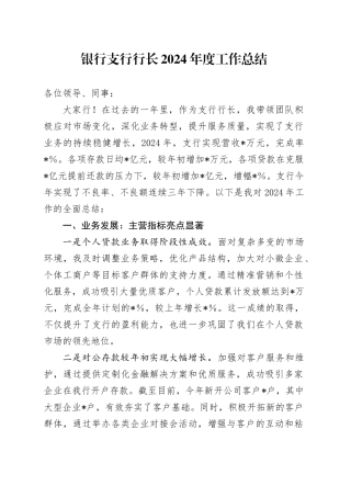 银行支行行长2024年工作总结
