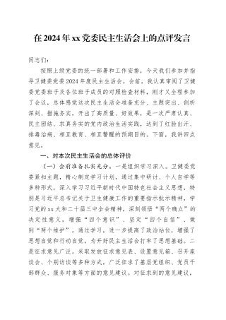 在2024年XX党委民主生活会上的点评发言