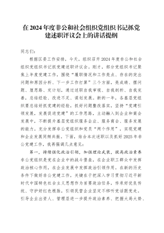 在2024年度非公和社会组织党组织书记抓党建述职评议会上的讲话提纲