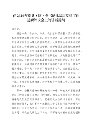 在2024年度县（区）委书记抓基层党建工作述职评议会上的讲话提纲