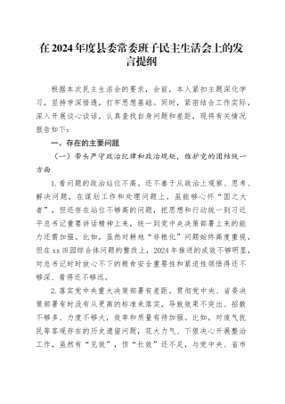 在2024年度县委常委班子民主生活会上的发言提纲（四个带头+反面典型案例举一反三剖析）20250226