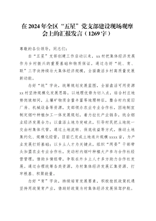 在2024年全区“五星”党支部建设现场观摩会上的汇报发言（1269字）