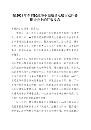 在2024年全省民政事业高质量发展重点任务推进会上的汇报发言