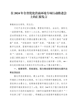 在2024年全省优化营商环境专项行动推进会上的汇报发言